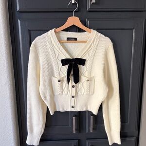 Cider Cream Cropped Cardigan with Black Bow Accent
